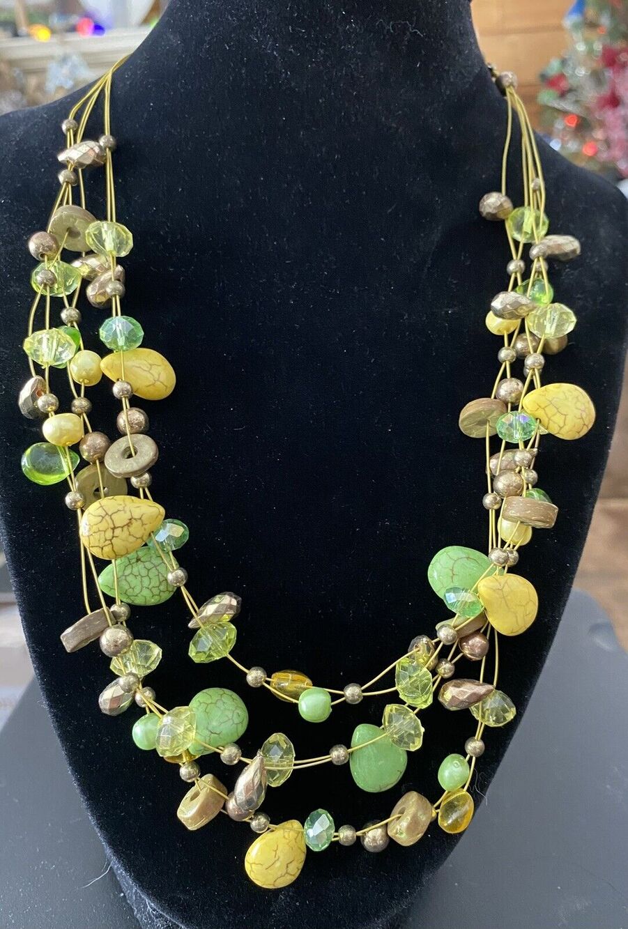 Lia Sophia Multi-Strand Wire Beaded Necklace Amber, Green, Goldtone Filigree